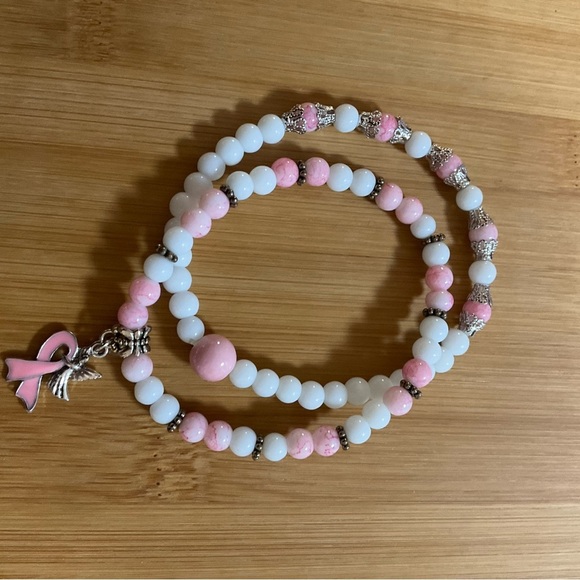 Hand Crafted Breast Cancer Awareness Bracelet Set Beaded Stretch 7.5 inches - Picture 1 of 12
